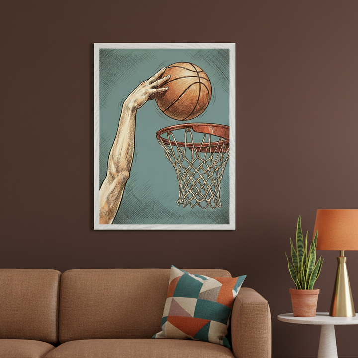 Modern living room with a brown sofa. A large framed illustration of a hand dunking a basketball into a hoop in a sketchy style hangs above the sofa. A side table with a plant and lamp is next to the sofa.