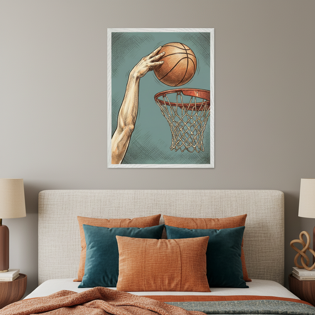 Modern bedroom with a bed featuring a beige headboard. A framed illustration of a hand dunking a basketball into a hoop, in a cross-hatching style on a teal background, hangs centered above the bed.