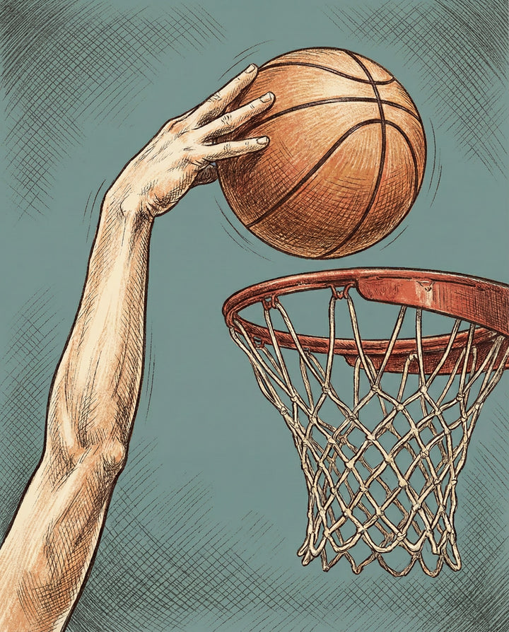 A stylized vintage-style drawing of a strong hand dunking a basketball into a hoop against a muted blue background adding an energetic and athletic touch to basketball wall decor.

