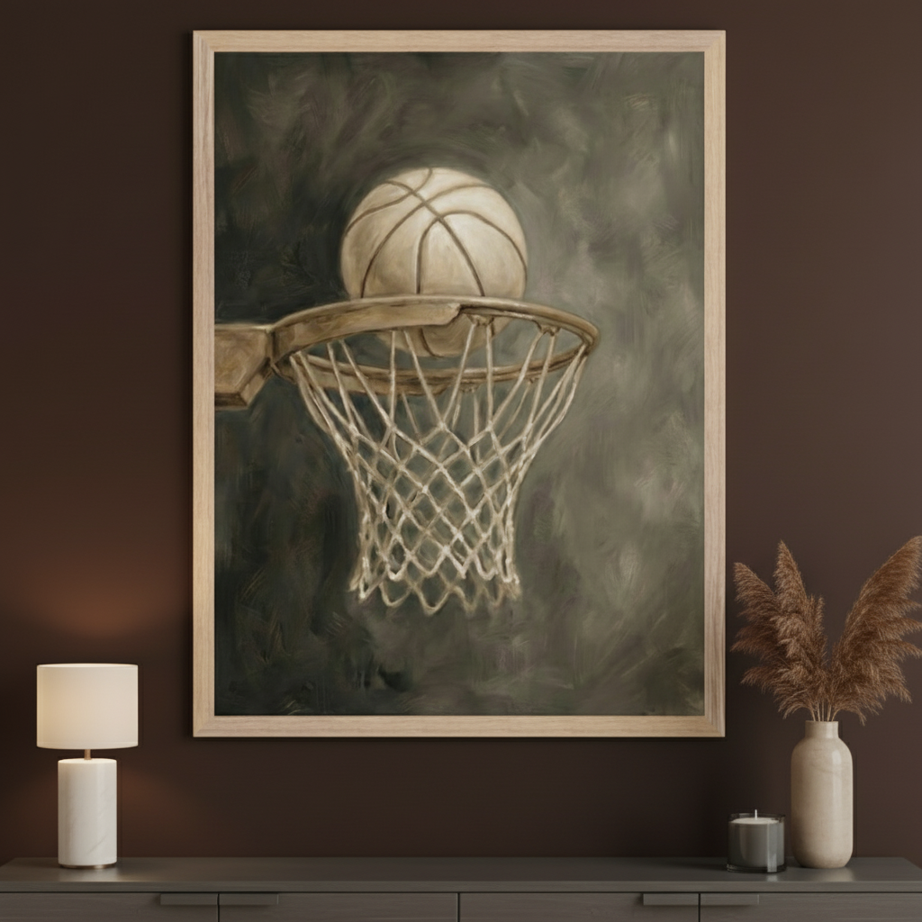 Modern room with a dark brown wall and a dark gray dresser. A large framed oil painting of a basketball in a hoop, in muted tones, hangs centered above the dresser.