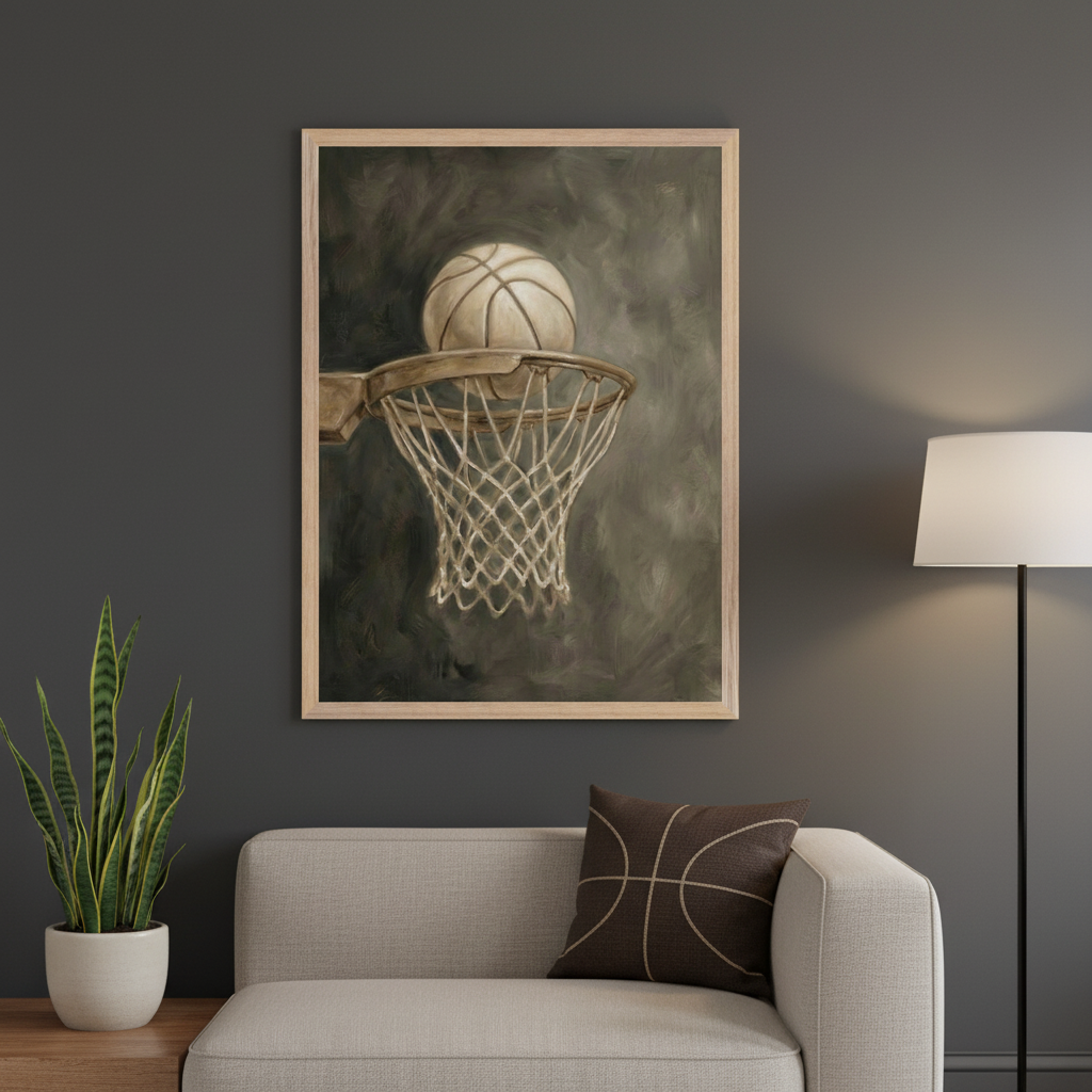 Modern living room with a light beige sofa. A large framed painting of a basketball in a hoop, rendered in muted tones, hangs centered above the sofa. A floor lamp is on the right, and a snake plant is on a wood table to the left. A throw pillow with a basketball design is on the sofa.