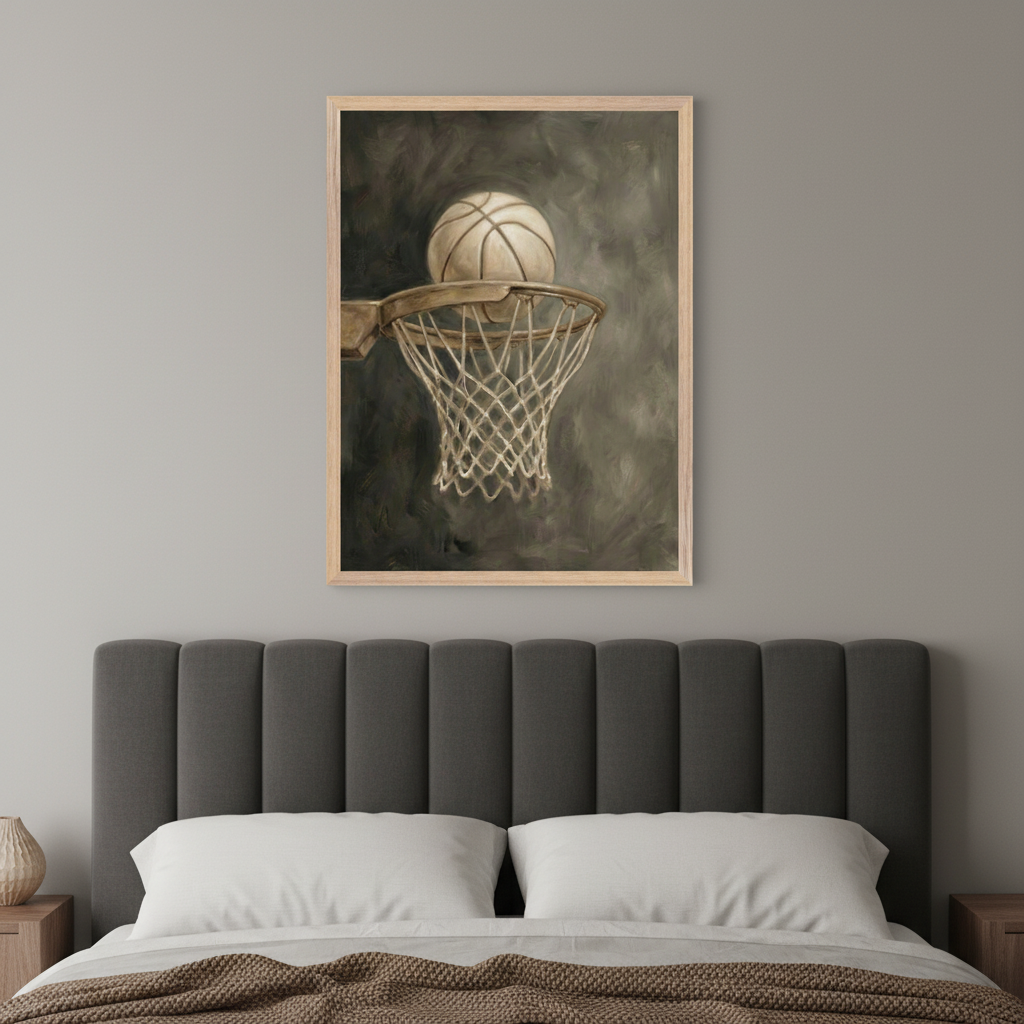Modern bedroom featuring a bed with a dark gray upholstered headboard. A framed painting of a basketball on a hoop, rendered in muted tones, hangs centered above the bed.