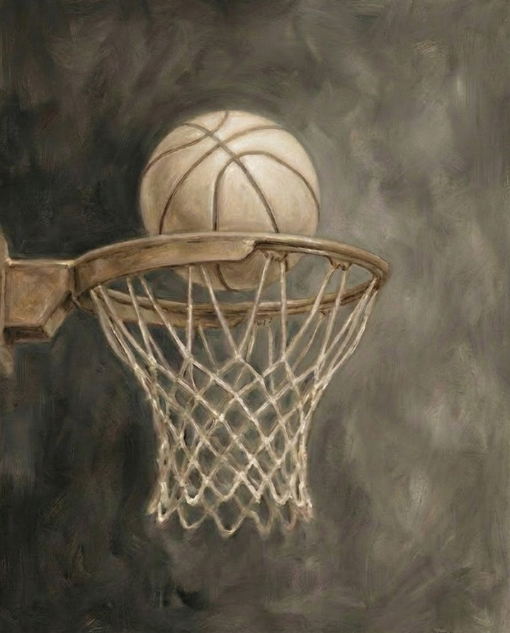 A  moody painting of a basketball delicately balanced on the rim of a hoop in neutral tones offering a calm and minimalistic take on sports wall art.
