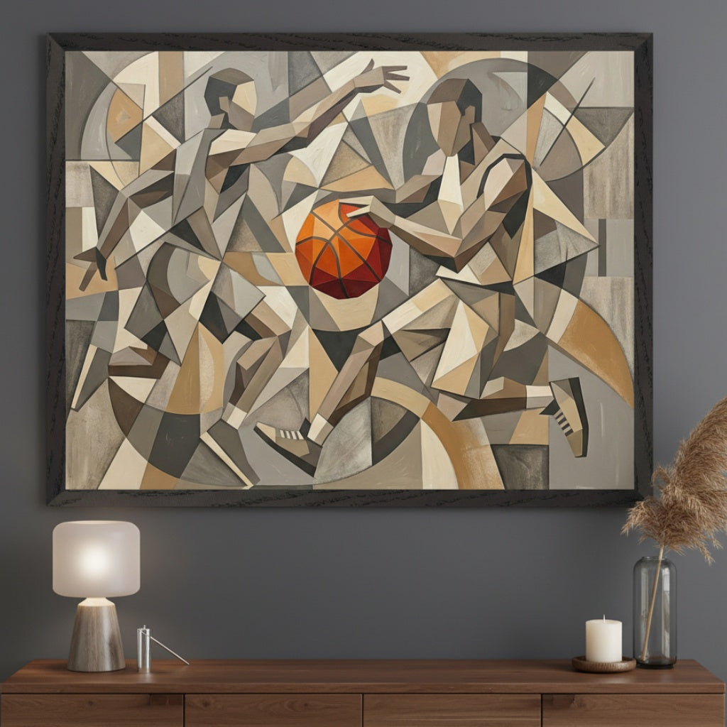 Modern living room with a large framed painting hanging above a wooden credenza. The painting depicts two cubist-style basketball players in action, one dribbling an orange ball, against a background of geometric shapes in muted browns and grays.