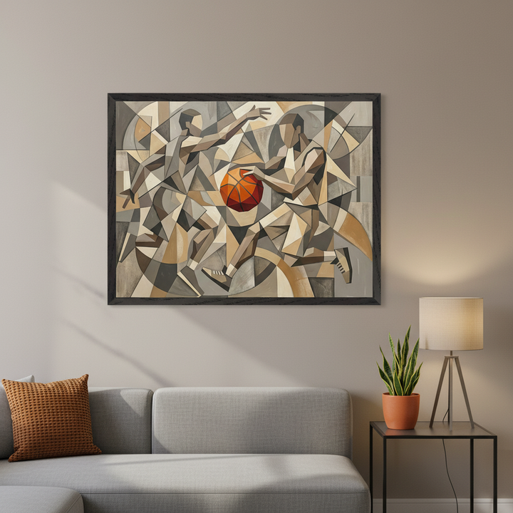 Cubist-style painting of two basketball players in motion with a bright orange ball contrasted against neutral tones framed and hung above a minimalist gray sofa adding a bold and sporty centerpiece to contemporary home decor.