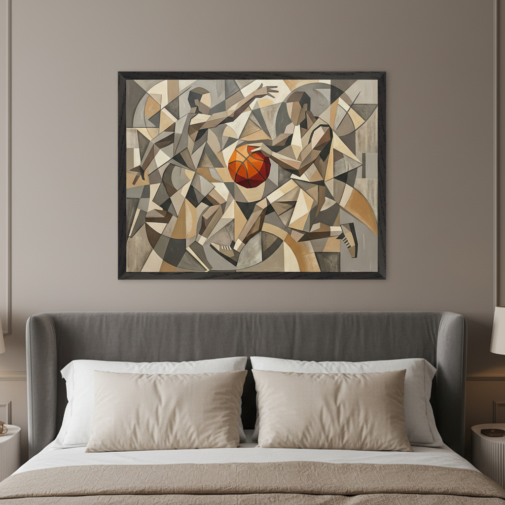 Modern bedroom with a dark gray upholstered bed. A large framed cubist painting of two basketball players in geometric shapes, with an orange ball, hangs centered above the headboard.