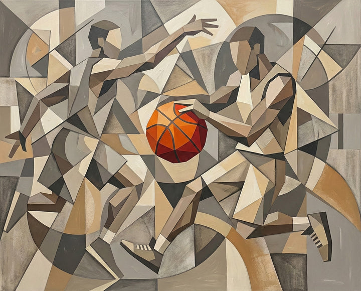 A cubist-inspired painting featuring two abstract basketball players in mid-action with sharp angles and a bright orange ball standing out from muted earth tones ideal for modern basketball wall art.
