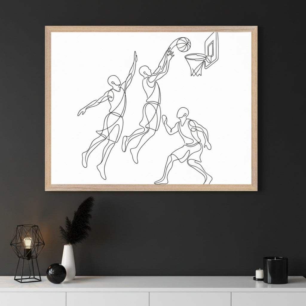 Modern room with a white console against a dark grey wall. A natural wood framed print of three basketball players in black continuous line art hangs centered above the console.