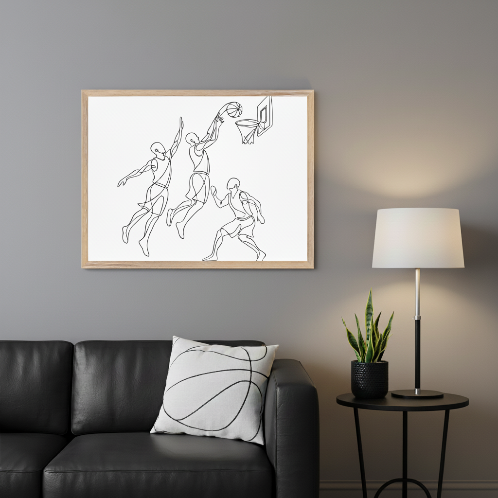 Modern living room with a black leather sofa. A framed minimalist single line drawing of three basketball players, one dunking, hangs above the sofa. A white pillow with a basketball outline rests on the sofa.