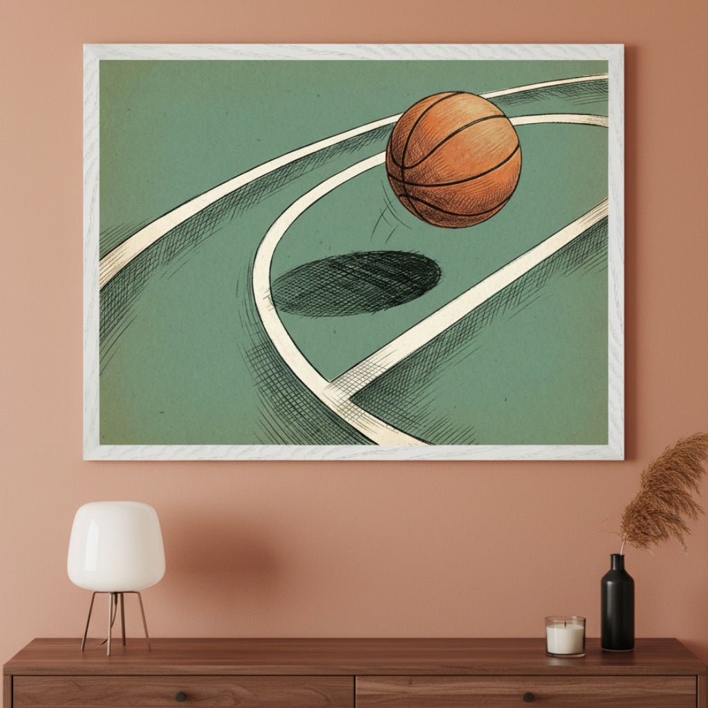 Modern room with a wooden dresser. A large white-framed illustration of a basketball bouncing on a green court hangs above the dresser. A white lamp, candle, and black vase with dried grass are on the dresser.