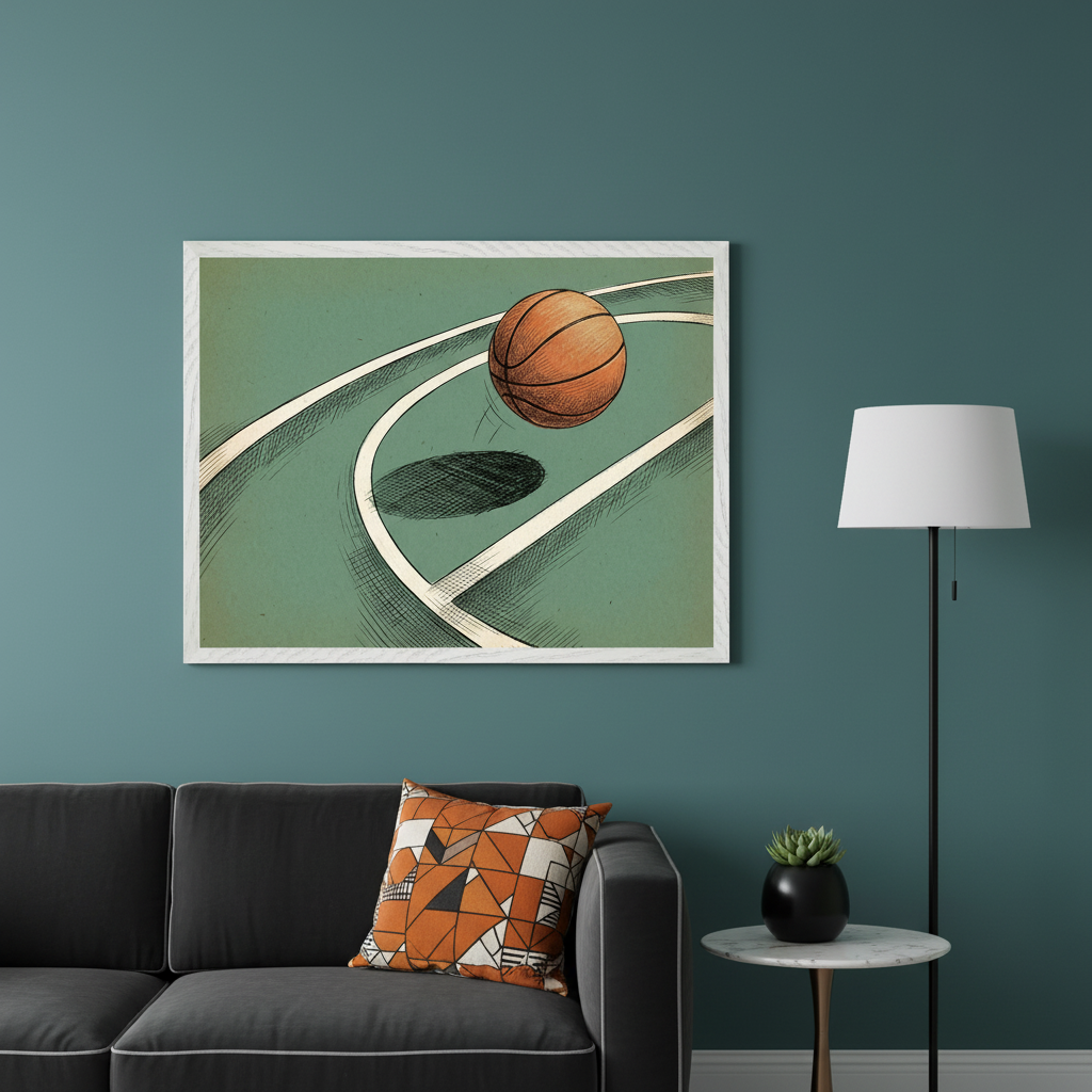 Modern living room with a dark gray sofa. Above it hangs a large framed illustration of a basketball bouncing on a green court, in a vintage hand-drawn style. A floor lamp and side table are to the right.