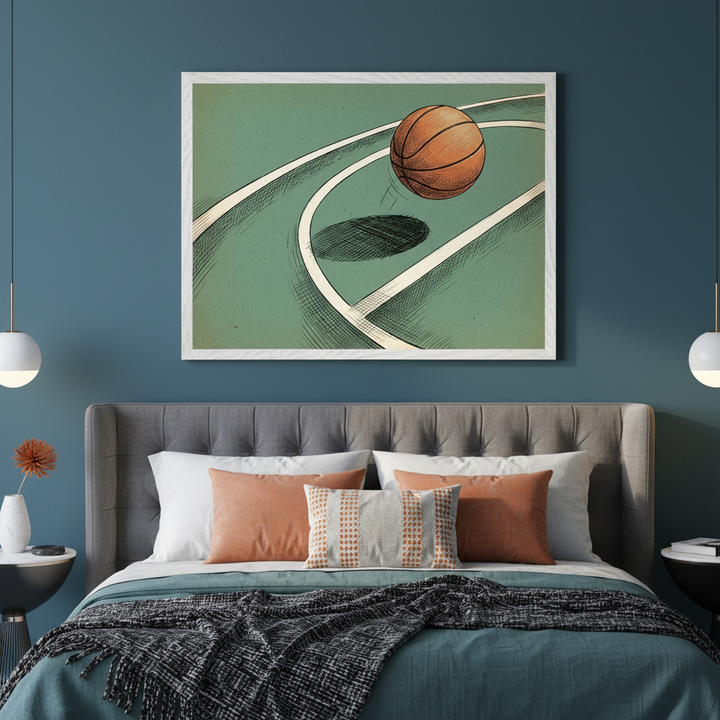 Modern bedroom with a gray tufted bed. A framed artwork depicting an orange basketball bouncing on a green court in a sketch style hangs centered above the bed on a blue wall.