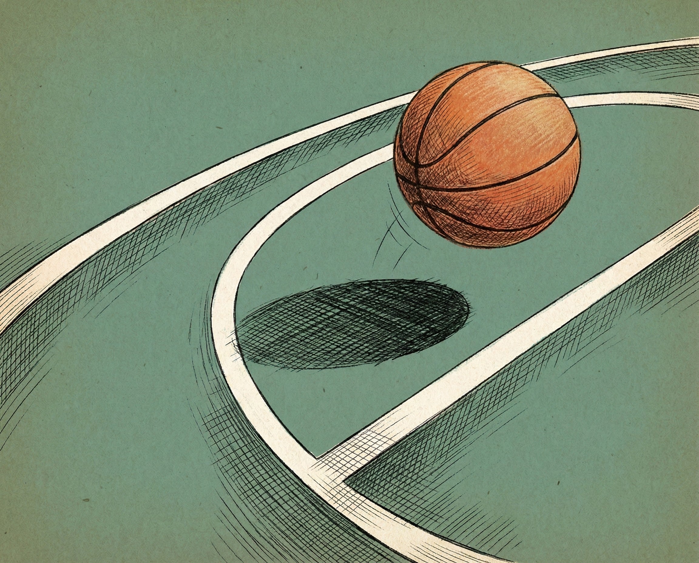 A sketch-style illustration of a basketball mid-bounce on a green court with curved white lines and its shadow cast beneath creating a sense of motion in a retro sports wall art style.
