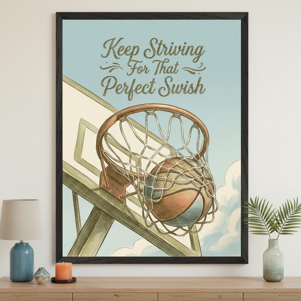 Living room with a wooden console table. A large framed sketch-style print of a basketball going through a hoop under text "Keep Striving For That Perfect Swish" hangs centered above the table. A lamp, candle, and plant in a vase are on the table.