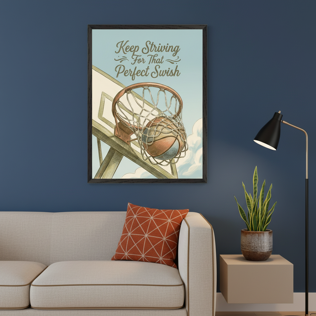 Modern living room with a beige sofa against a blue wall. A large framed illustration of a basketball hoop with a ball and "Keep Striving For That Perfect Swish" text hangs above the sofa. A floor lamp and potted snake plant are on a side table to the right.