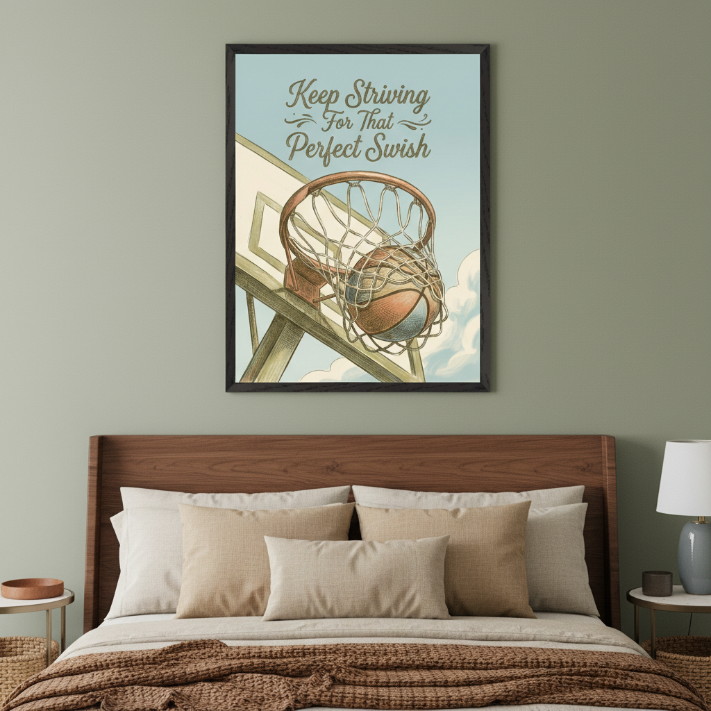 Modern bedroom with a wooden bed and beige pillows. A framed illustrative print of a basketball hoop with a ball in the net, and the text 'Keep Striving For That Perfect Swish' hangs above the bed.