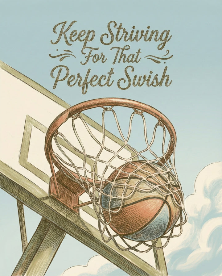 A vintage-style basketball illustration with a ball swishing through the net and the phrase “Keep striving for that perfect swish” inspiring positivity and sports motivation in stylish wall art form.
