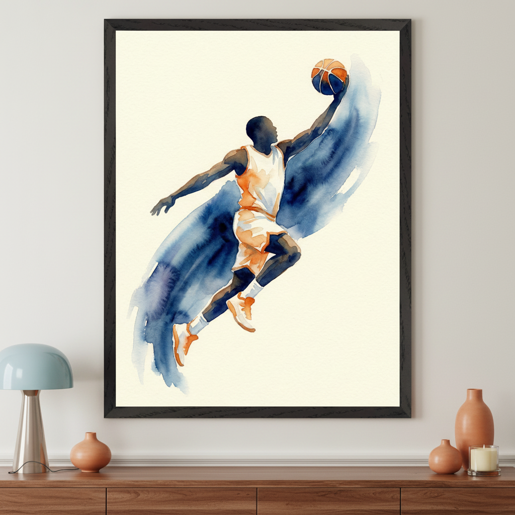 Modern room with a wooden dresser. A framed watercolor painting of a male basketball player jumping with a basketball, against a blue streak, hangs above the dresser.