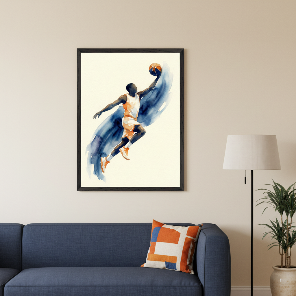 Modern living room with a blue sofa. A black-framed watercolor print of a basketball player dunking, with blue brushstrokes, hangs above the sofa. A floor lamp is to the right.
