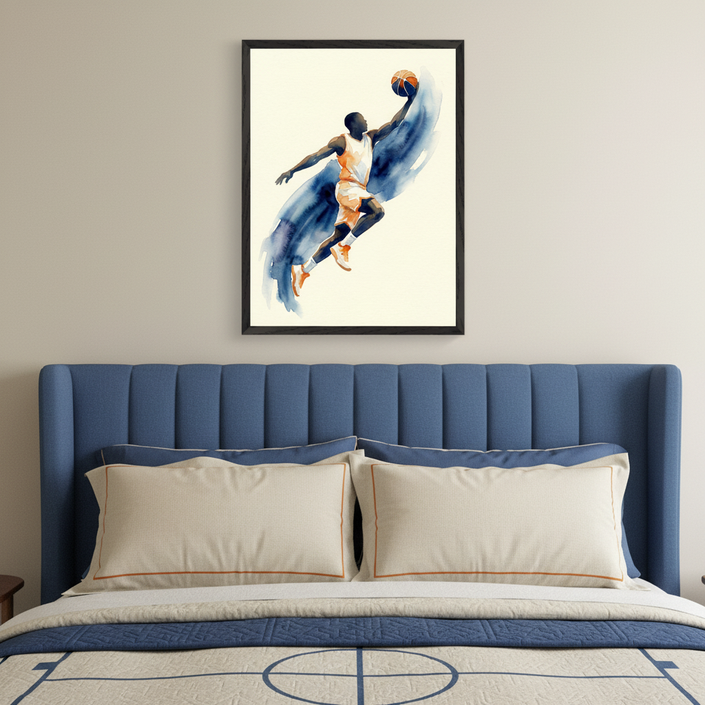 Modern bedroom with a blue upholstered bed. A framed watercolor painting of a basketball player dunking, in blue and orange tones, hangs centered above the bed. Cream pillows with orange trim and a basketball court-patterned quilt are on the bed.