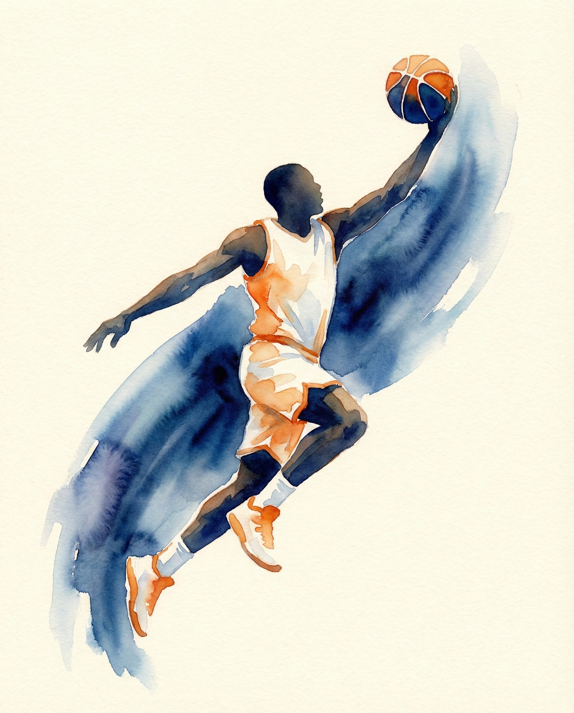A vibrant watercolor painting of a basketball player leaping for a one-handed dunk against a dramatic blue splash background capturing movement and energy in a minimal sports wall art piece.
