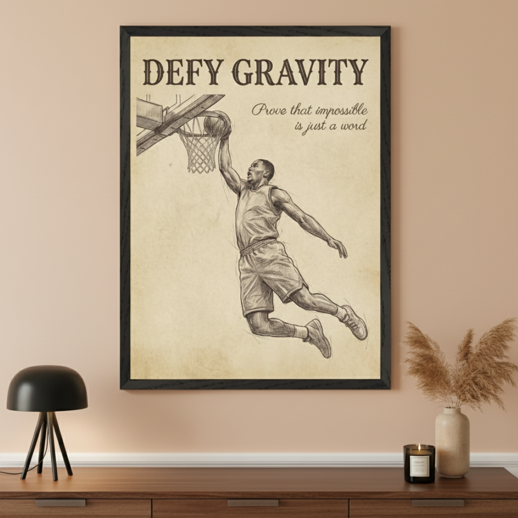 Modern room with a dark wood console table. A large black-framed poster hangs centered above it, depicting a sepia-toned sketch of a basketball player dunking with the text "DEFY GRAVITY" and "Prove that impossible is just a word".