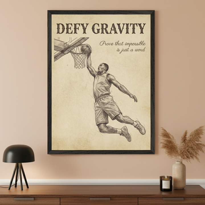 Modern room with a dark wood console table. A large black-framed poster hangs centered above it, depicting a sepia-toned sketch of a basketball player dunking with the text "DEFY GRAVITY" and "Prove that impossible is just a word".