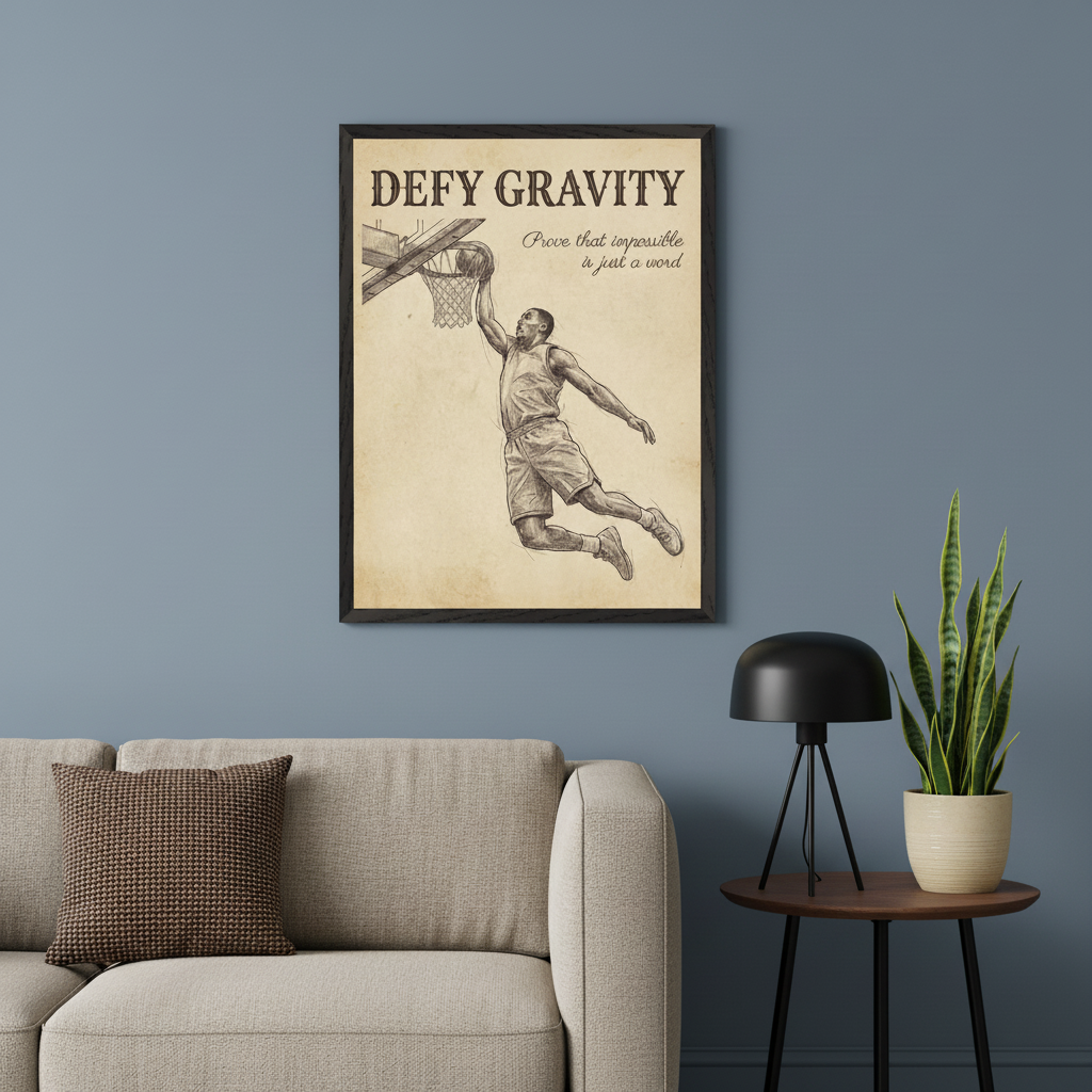 Modern living room with a light beige sofa. A black-framed poster featuring a sketch of a basketball player dunking and the text 'DEFY GRAVITY. Prove that impossible is just a word' hangs on a blue-gray wall above the sofa. A dark side table with a lamp and snake plant is to the right.