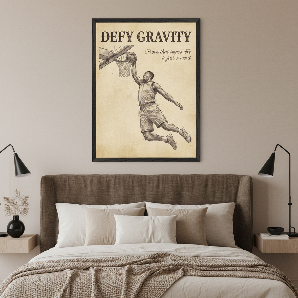 Modern bedroom with a brown upholstered bed. A black-framed poster hangs centered above the bed, featuring a vintage-style sketch of a basketball player dunking. Text on the poster reads "DEFY GRAVITY / Prove that impossible is just a word."