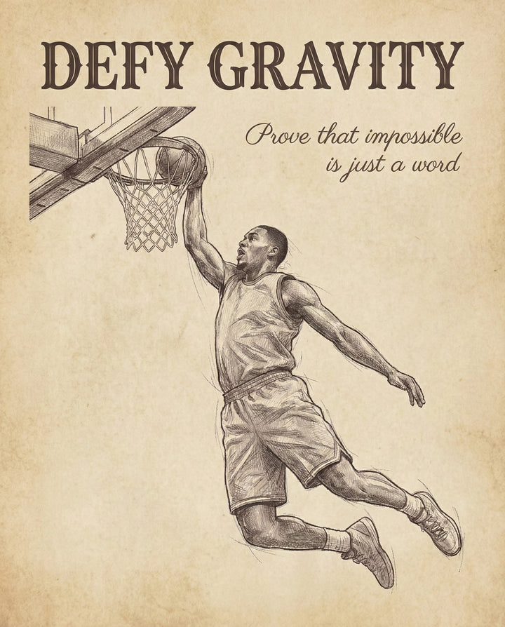 Detailed pencil-style sketch of a basketball player leaping to dunk, paired with the phrase “DEFY GRAVITY Prove that impossible is just a word” in classic lettering for athletic and inspirational wall art.

