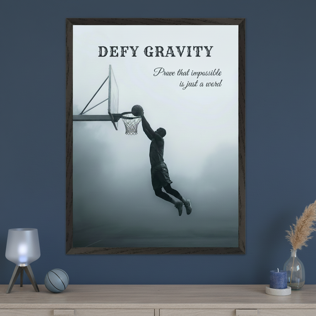 Modern room with a deep blue wall and light wood dresser. A large framed poster hangs above the dresser, featuring a grayscale photograph of a basketball player dunking, with text "DEFY GRAVITY / Prove that impossible is just a word".