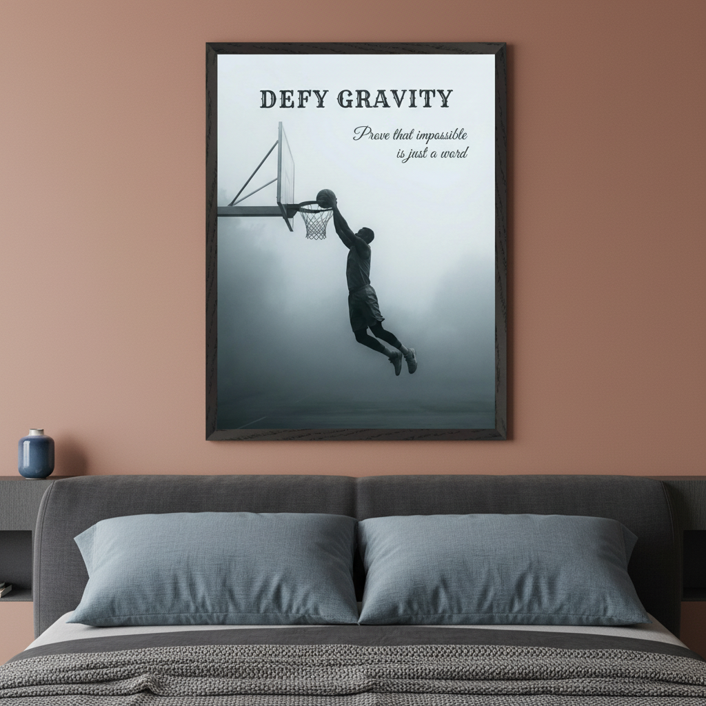 Modern bedroom with a dark gray upholstered bed and light blue pillows. A large framed poster of a basketball player dunking in a foggy setting hangs centered above the bed. The monochromatic artwork includes the text 'DEFY GRAVITY' and 'Prove that impossible is just a word'.