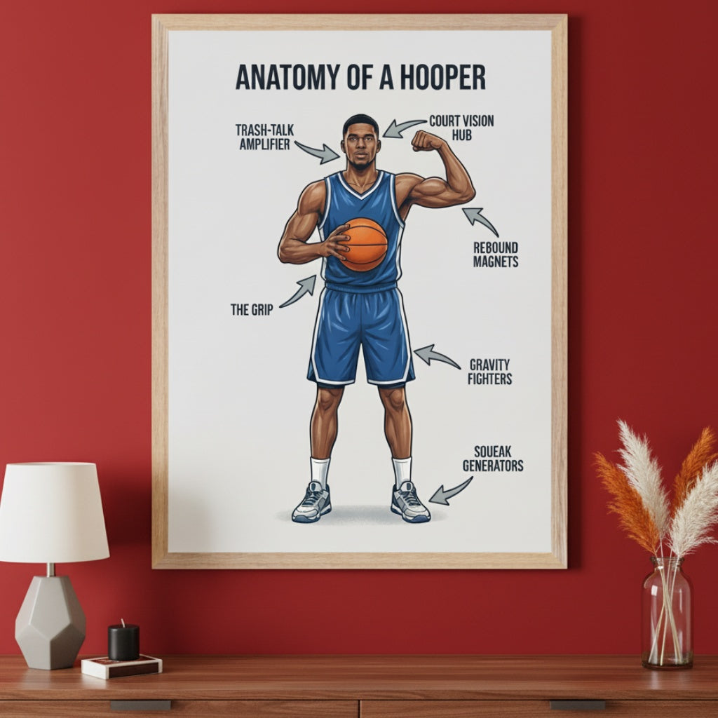 Modern room with a red wall and a wooden dresser. A large, light wood-framed poster titled "ANATOMY OF A HOOPER" hangs centrally above the dresser. It's a cartoon illustration of a basketball player with humorous labels for body parts.