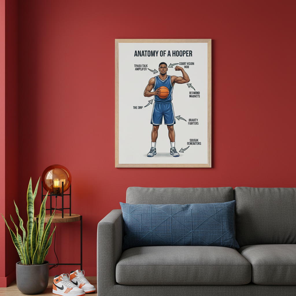 Modern living room with a red wall and gray sofa. A framed "Anatomy of a Hooper" poster, depicting a cartoon basketball player with labeled body parts, hangs above the sofa. A snake plant, lamp, and sneakers are to the left.