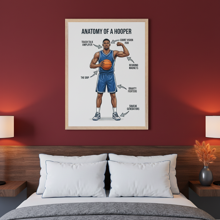 Modern bedroom with a dark red wall and a wooden headboard. A large framed poster titled "ANATOMY OF A HOOPER" hangs centered above the bed. The poster features a cartoon-style basketball player with humorous labels like "COURT VISION HUB" and "SQUEAK GENERATORS" pointing to body parts.