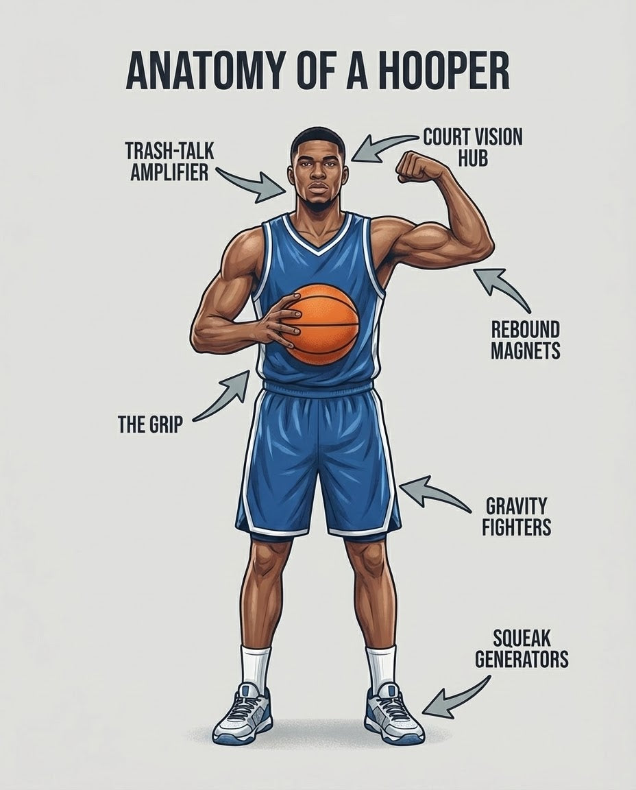 Illustration of a muscular basketball player showing the "Anatomy of a Hooper," with labeled body parts representing key skills like "Trash-Talk Amplifier," "Court Vision Hub," and "Rebound Magnets," set in a dynamic pose while holding a basketball. This fun, vibrant design is perfect for both kids and adults who love basketball and sports.
