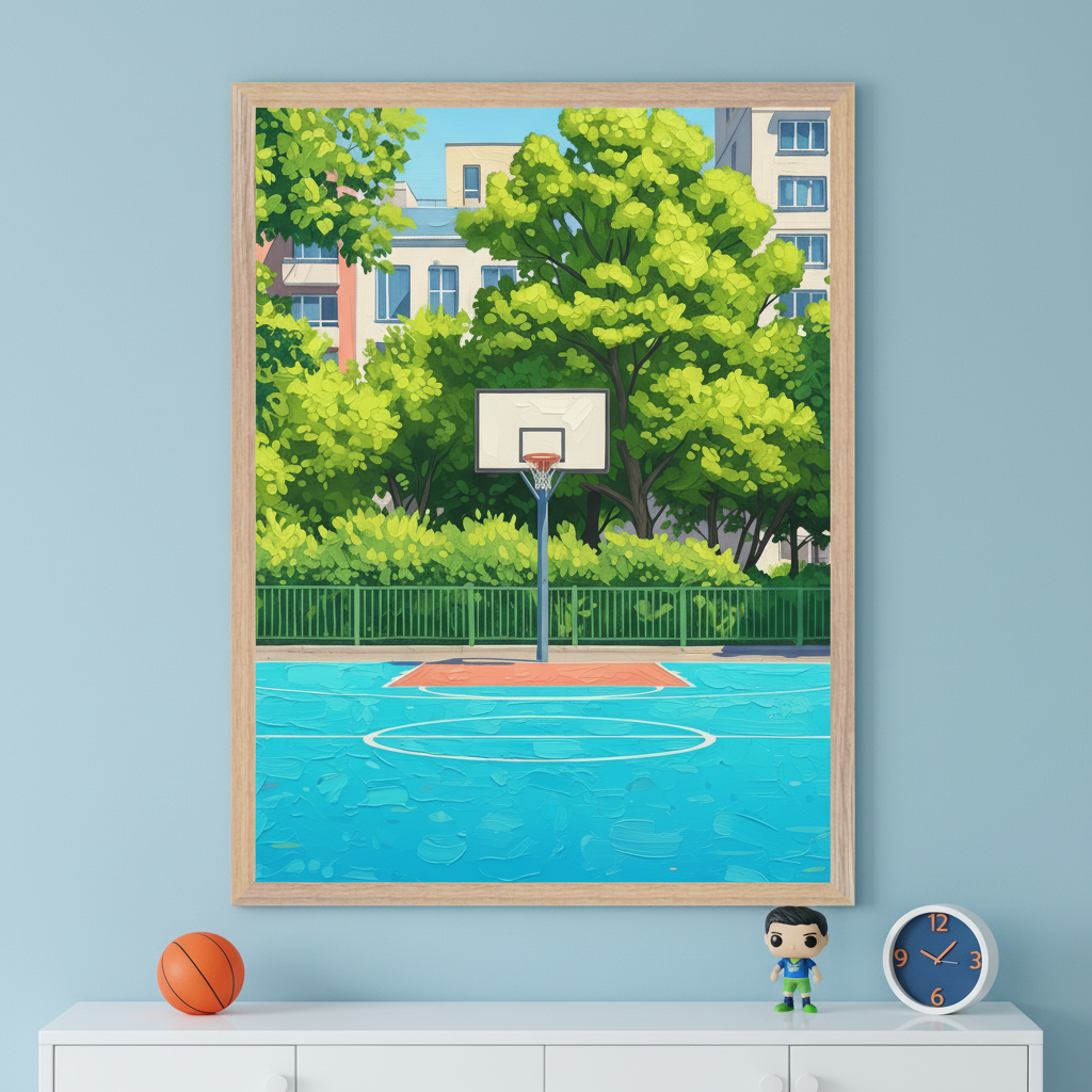 Framed illustration of an empty blue basketball court surrounded by lush green trees and city buildings, displayed above a white dresser with a small basketball, action figure, and blue clock.