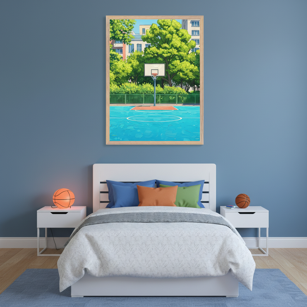 Sporty bedroom featuring a vibrant basketball court painting with a hoop set against leafy trees and pastel buildings, hung above a bed with colorful pillows and basketball-themed nightstand decor.