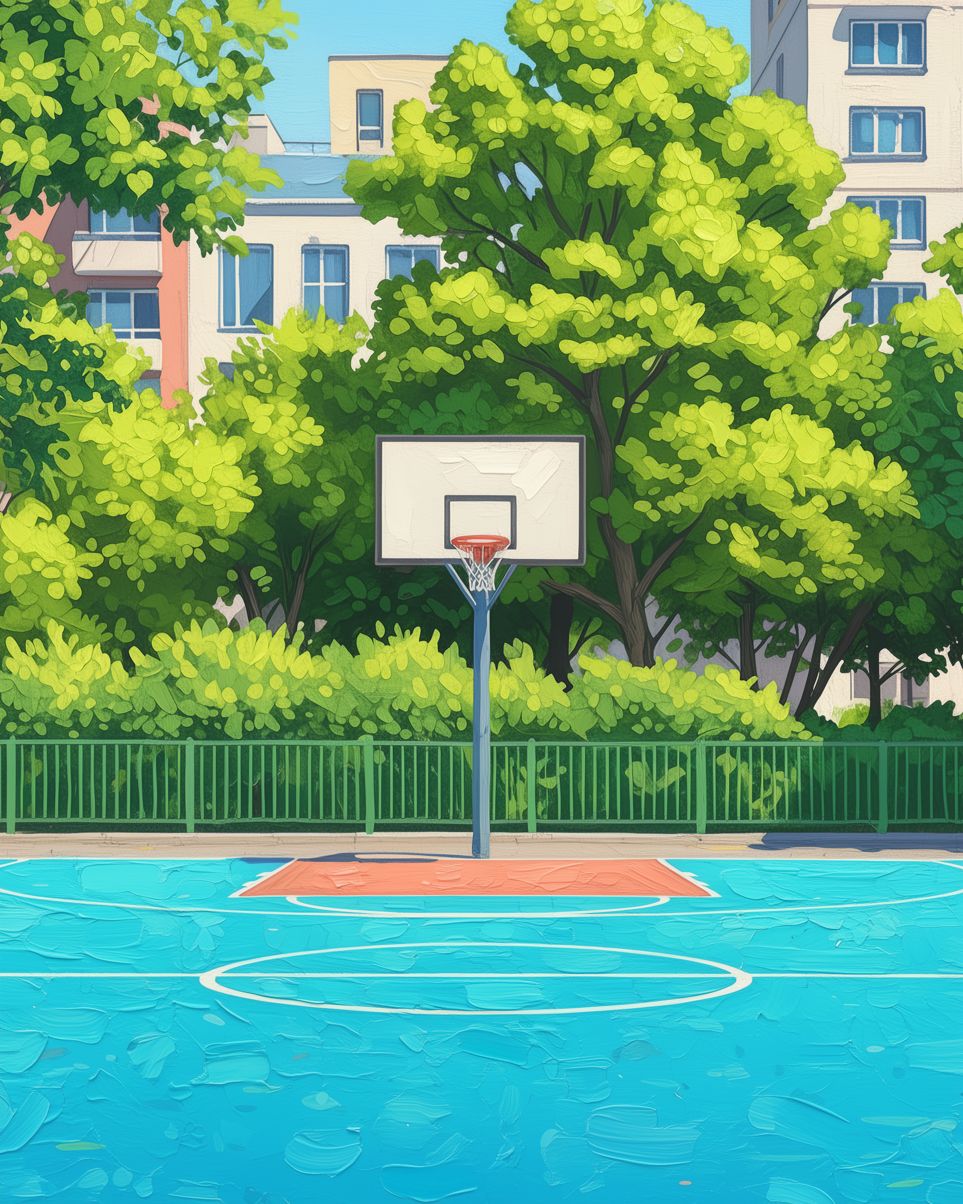 A vibrant outdoor basketball court with a bright blue surface and white lines, set against lush green trees and an apartment building in the background. A single basketball hoop stands at one end, framed by a green fence.
