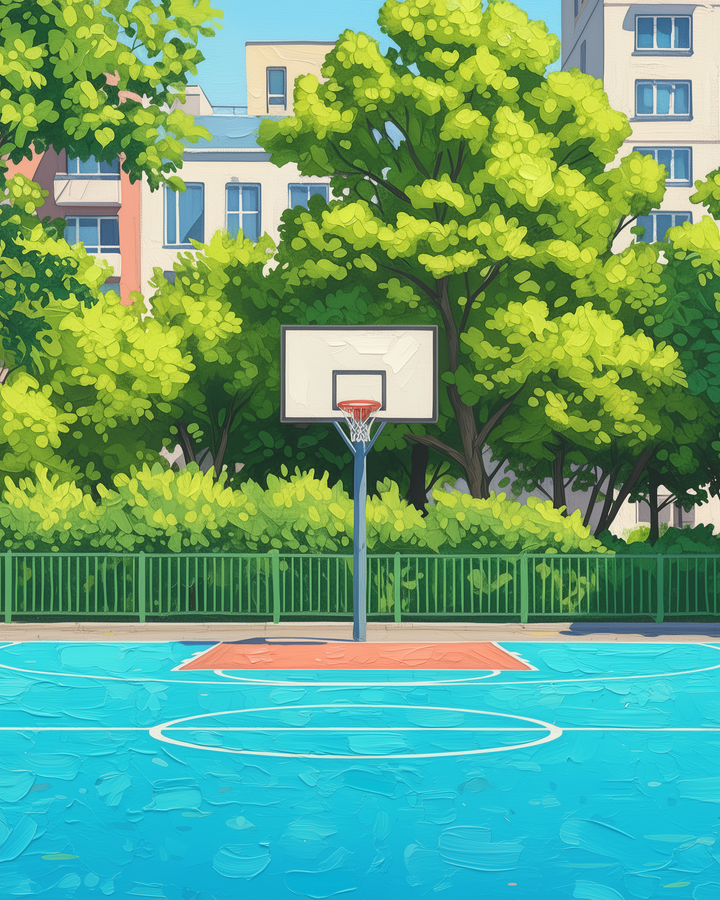 A vibrant outdoor basketball court with a bright blue surface and white lines, set against lush green trees and an apartment building in the background. A single basketball hoop stands at one end, framed by a green fence.