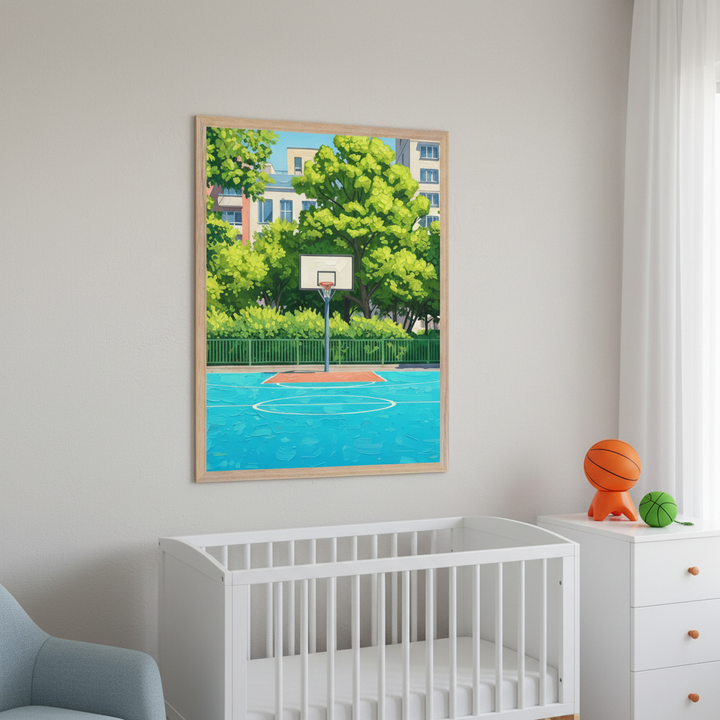 Playful nursery with a framed artwork of a city park basketball hoop on a bright blue court, placed above a white crib with soft lighting and sports-themed toys on a nearby dresser.