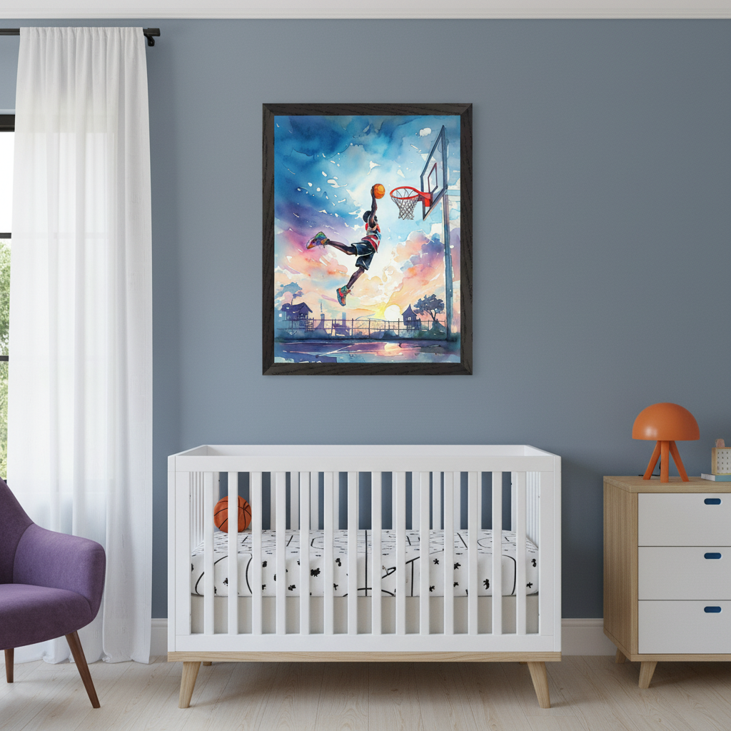 Modern nursery with a white crib, light wood dresser, and purple armchair. A dark-framed watercolor painting of a basketball player dunking at sunset hangs centered above the crib.