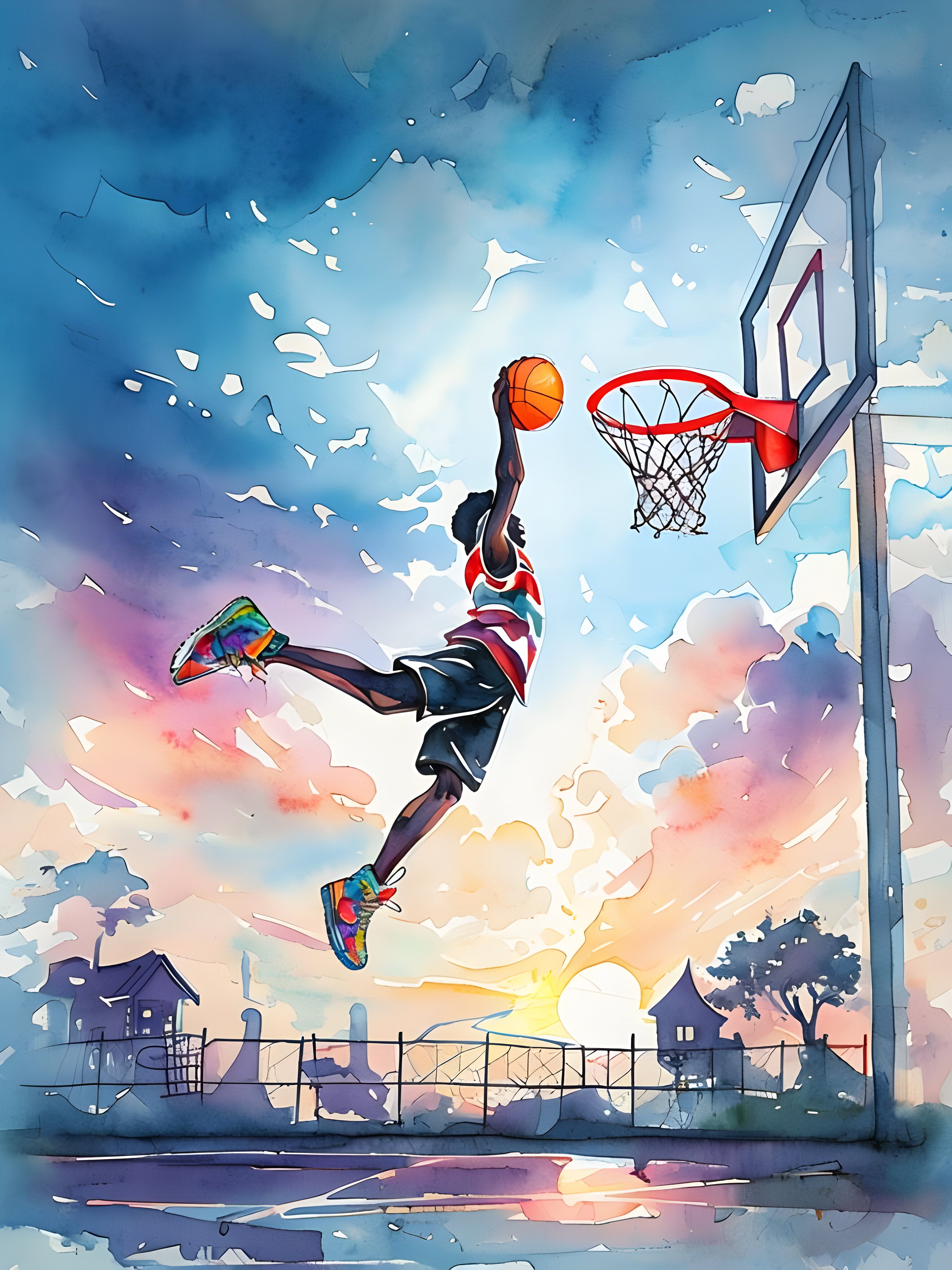 A person in colorful sneakers and a red-striped jersey is leaping high to dunk a basketball into a hoop. The scene is set against a vibrant sunset sky with scattered clouds, and a silhouette of houses and trees in the background.
