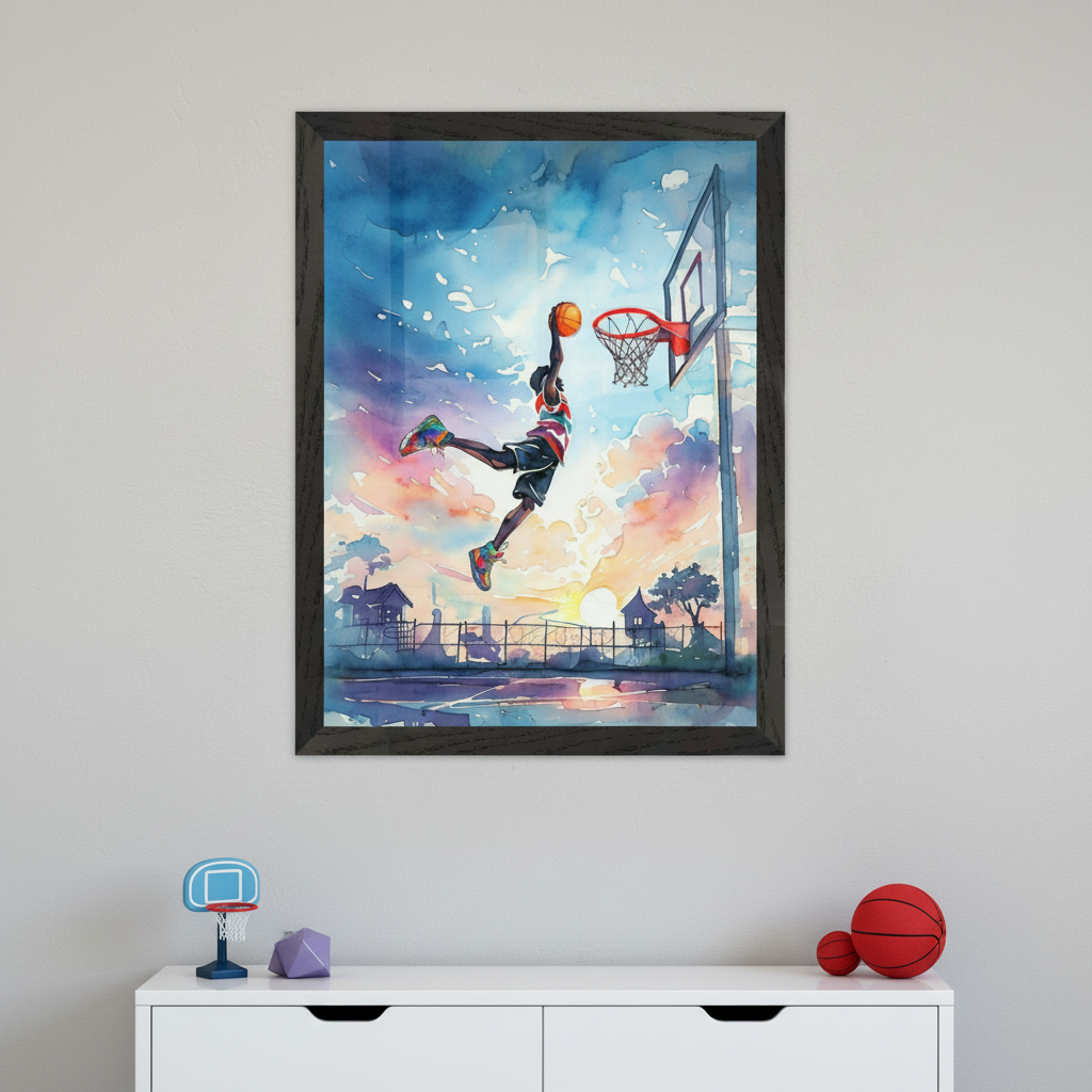 Modern kid's room with a white dresser. A large framed watercolor painting of a basketball player dunking at sunset hangs above the dresser. A small blue basketball hoop and red basketballs are on the dresser.
