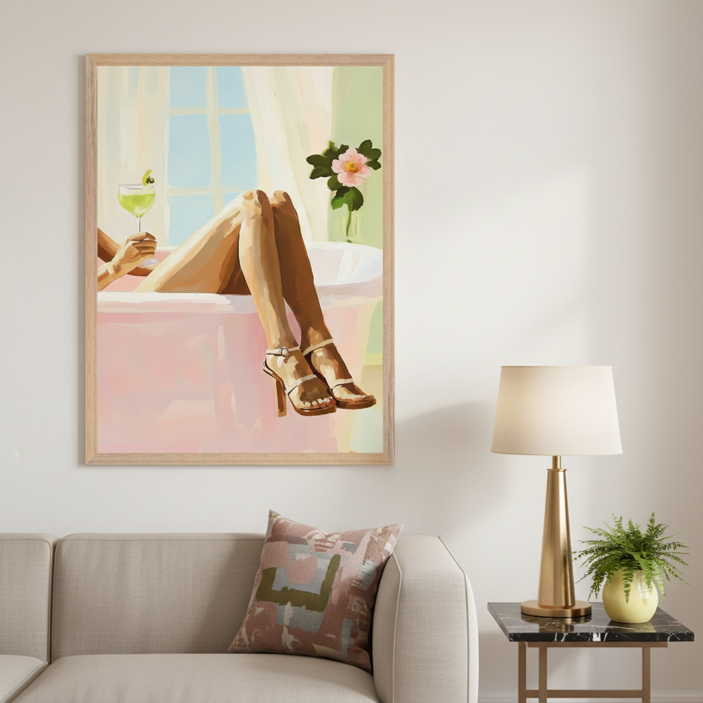 Modern living room with a light beige sectional sofa and a marble-top side table. A large framed painting hangs on the wall, depicting a woman's legs in a pink bathtub wearing high heels, holding a green cocktail, with a pink flower. The painting is above the sofa and to the left of the side table.