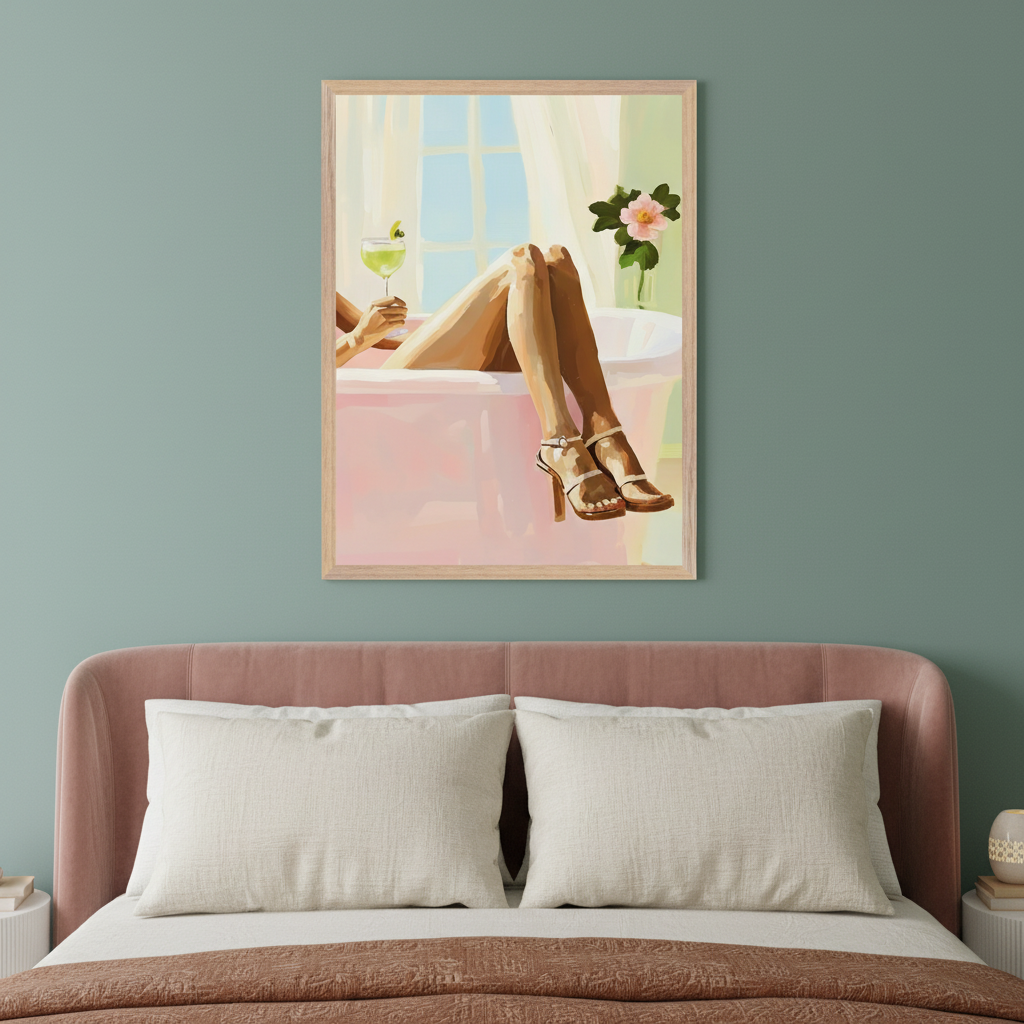 Modern bedroom with a pink velvet bed. A framed painting hangs above the bed, depicting a person's legs in heels emerging from a pink bathtub, holding a green cocktail, with a window and flower vase in the background, in a painterly style.
