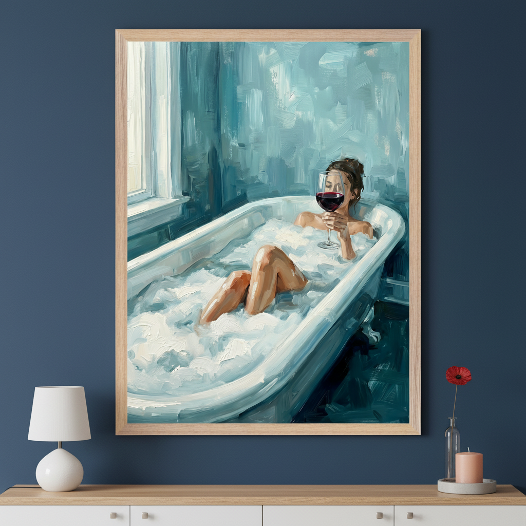 Modern room with a dark blue wall. Above a light wood and white cabinet, a large framed oil painting features a woman in a bubble bath holding red wine. A white table lamp and a small vase with a red flower are on the cabinet.