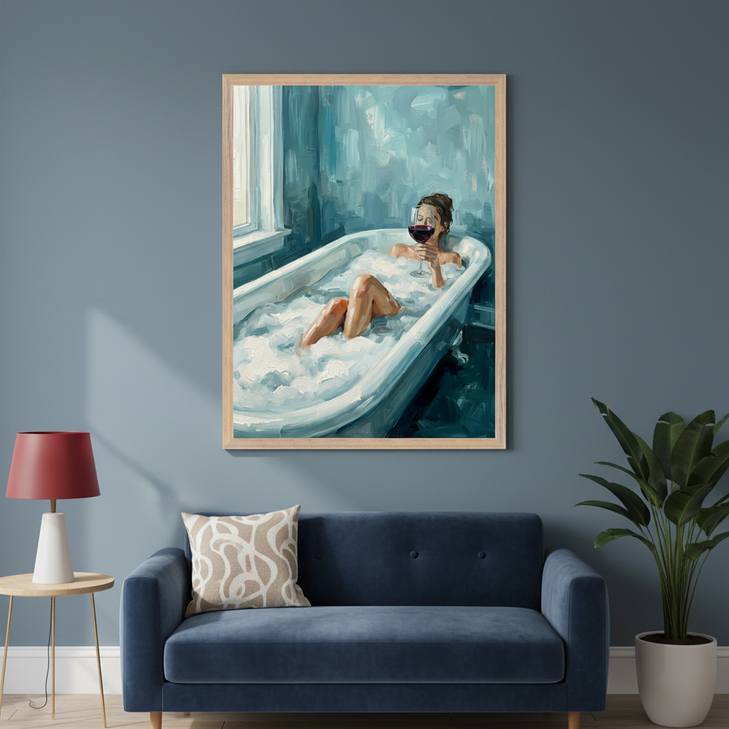 Modern living room with a dark blue velvet sofa. A large framed oil painting of a woman in a bubble bath holding a glass of red wine hangs centered above the sofa. A red lamp on a side table and a potted plant are also present.