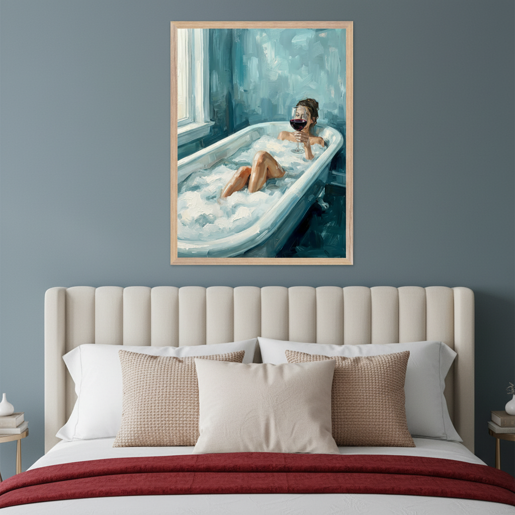 Modern bedroom with a cream upholstered bed against a blue-gray wall. A framed painting of a woman in a bubble bath, drinking red wine, hangs on the wall above the bed to the right. The artwork has a painterly, impressionistic style with visible brushstrokes.