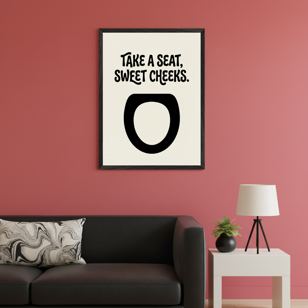 Modern living room with a red wall and a black leather sofa. Above the sofa hangs a white framed poster with black text "TAKE A SEAT, SWEET CHEEKS." and a toilet seat graphic. A white side table, lamp, and plant are to the sofa's right.